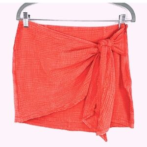 Free People Coral Cotton Gauze Faux Wrap Mini Skirt Raw Hem - Sz M NWT
